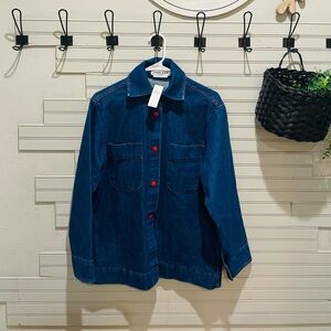 Anthropologie Oversized Dark Blue Denim Jacket with Red Accents Size S NEW!